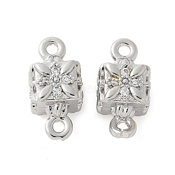 Brass Micro Pave Cubic Zirconia Connector Charms, Cube with Flower, Platinum, 13x6x6mm, Hole: 1.2mm(KK-U056-18P)