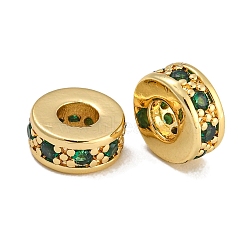 Rack Plating Brass Micro Pave Cubic Zirconia  Beads, Lead Free & Cadmium Free, Long-Lasting Plated, Real 18K Gold Plated, Round, Dark Green, 7.5x3mm, Hole: 3.5mm(KK-U030-31G-03)