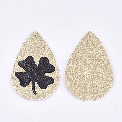 PU Leather Big Pendants, teardrop, with Clover Pattern, Irish Charms, Pale Goldenrod, 56x37x1.5mm, Hole: 1.2mm(FIND-S311-007B-A)