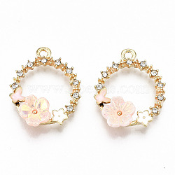 Alloy Enamel Pendants, with Crystal Rhinestone and Resin, Cadmium Free & Lead Free, Ring with Flower & Butterfly, Light Gold, Pink, 22x17.5x4.5mm, Hole: 1.6mm(X-ENAM-S126-003A-RS)