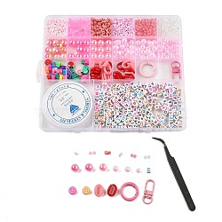 DIY Keychain Making Kits, including Glass Seed Beads & ABS Plastic & Polymer Clay Beads, Alloy Clasp, Elastic Thread, Tweezers, Pink, 3x2mm, Hole: 1.2mm(DIY-L073-07F)