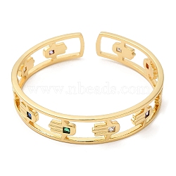 Colorful Cubic Zirconia Cuff Bangle, Real 18K Gold Plated Brass Hollow Bangle, Lead Free & Cadmium Free, Hamsa Hand, Inner Diameter: 2-1/4x2-1/8 inch(5.6x5.5cm)(BJEW-D058-03A-G-02)