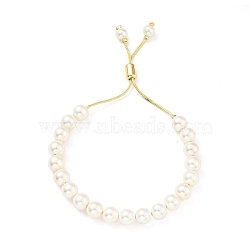 Shell Pearl Beaded Slider Bracelet with Brass Snake Chain, Lead Free & Cadmium Free, Real 18K Gold Plated, Beads: 8mm, Inner Diameter: 1-1/2~2-1/2 inch(3.75~6.4cm)(X-BJEW-B066-01B-02)