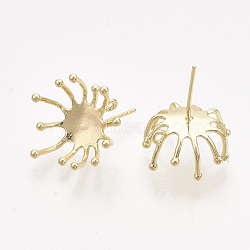 Brass Stud Earring Findings, with Loop, Real 18K Gold Plated, Nickel Free, Flower, 16~18x16mm, Hole: 1mm, Pin: 0.8mm(KK-T038-582G-NF)