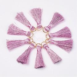 Cannetille Nylon Tassel Pendant Decorations, with Iron Findings, Golden, Pink, 30~32x7x4mm, Hole: 4x5mm(HJEW-G008-A07)