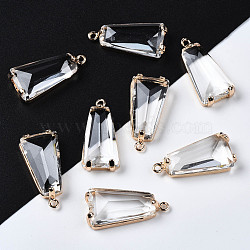 Transparent Glass Pendants, with Brass Findings, Long-Lasting Plated, Faceted, Trapezoid, Light Gold, 23.5x11x5mm, Hole: 1.4mm(GLAA-Q088-024B)