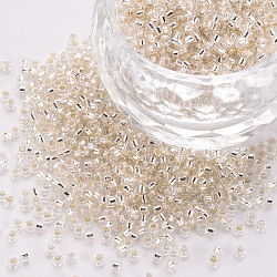 Glass Cylinder Beads, Seed Beads, Silver Lined, Round Hole, Floral White, 1.5~2x1~2mm, Hole: 0.8mm, about 80000pcs/bag, about 1pound/bag(SEED-S047-R-002)