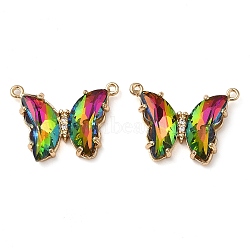 Brass Pave Faceted Glass Connector Charms, Golden Tone Butterfly Links, Colorful, 17.5x23x5mm, Hole: 0.9mm(FIND-Z020-03E)