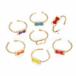 Brass Enamel Cuff Rings, Open Rings, Nickel Free, Rectangle with Bowknot, Real 16K Gold Plated, Mixed Color, US Size 8 1/2(18.5mm)(RJEW-N035-036-NF)