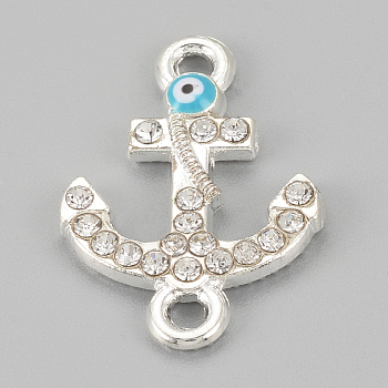 Alloy Rhinestone Links connectors, Cadmium Free & Lead Free, Anchor with Evil Eye, Sky Blue, Silver Color Plated, 21x14.5x2mm, Hole: 1mm