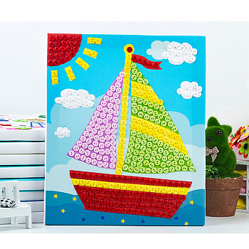 Creative DIY Ship Pattern Resin Button Art, with Canvas Painting Paper and Wood Frame, Educational Craft Painting Sticky Toys for Kids, Colorful, 30x25x1.3cm