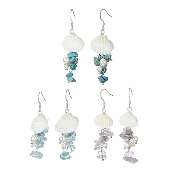 3Pair 3 Style Natural & Synthetic Mixed Gemstone & Shell Dangle Earrings, 58~64x17.5~23.5mm, 1 Pair/style