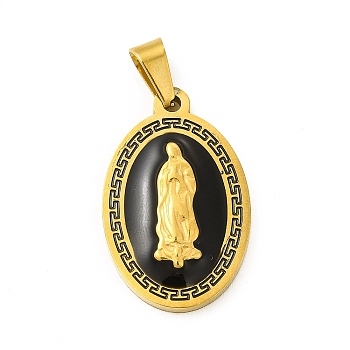 Vacuum Plating 304 Stainless Steel Enamel Pendants, Oval with Saint Charm, Golden, 27x17x3.5mm, Hole: 5.5x3.5mm
