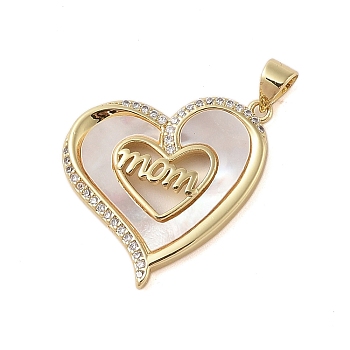 Brass Micro Pave Clear Cubic Zirconia Pendants, with Shell Charms, Mother's Day Collection, Real 18K Gold Plated, Heart, 25x23.5x3.5mm, Hole: 3.5x4mm