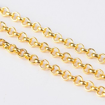 Iron Rolo Chains, Belcher Chain, Unwelded, Lead Free, Golden Color, with Spool, Size: Chain: about 2.5mm in diameter, 1mm thick, about 328.08 Feet(100m)/roll