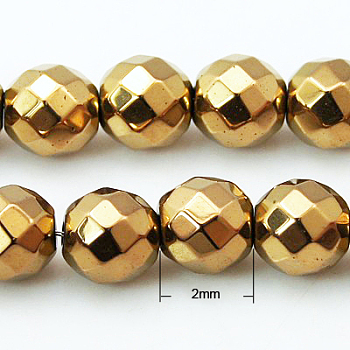 Non-magnetic Synthetic Hematite Beads Strands, Faceted, Round, Golden Plated, Gold, 2mm, Hole: 1mm, about 203pcs/strand, 15.7 inch