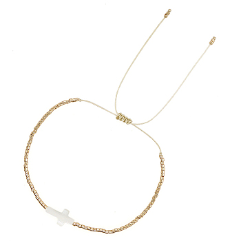 Glass Seed Beaded Bracelets, Religion Shell Cross Adjustable Bracelet for Women, White, 11 inch(28cm)