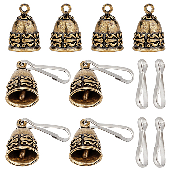 8Pcs Tibetan Style Brass Pendants, Retro Bell Charm, with 8Pcs Iron Keychain Clasp Findings, Antique Bronze & Platinum, Bell: 27.5x19.5mm, Hole: 3.3mm