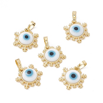 Handmade Evil Eye Lampwork Pendants, with Rack Plating Real 18K Gold Plated Brass Findings, Long-Lasting Plated, Snowflake Charm, White, 15x14x4mm, Hole: 4x6.5mm