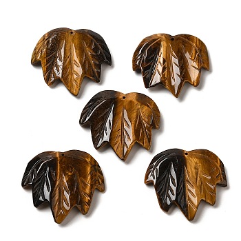 Natural Tiger Eye Carved Pendants, Leaf Charms, 43~44x49~50x7~7.5mm, Hole: 1.4mm