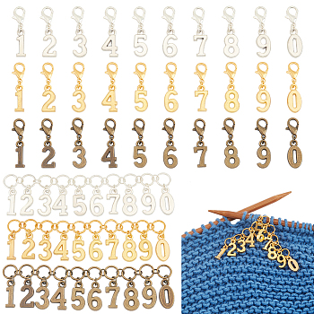 1 Set 3 Colors Alloy Number Charm Knitting Row Counter Chain with Brass Rings, and Lobster Clasp Stitch Markers, for Tracking Project Progress, Mixed Color, Counter Chain: 9cm, 3pcs, Stitch Marker: 2.7cm, 30pcs