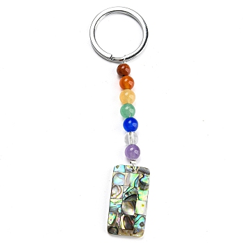 Abalone Shell/Paua Shell Keychain, with Alloy Key Rings and Chakra Gemstone Beads, Rectangle, 10.1cm, pendant: 76x15x6.5mm