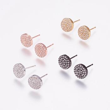 Brass Micro Pave Cubic Zirconia Stud Earrings, with Ear Nuts, Flat Round, Mixed Color, 9x2.5mm, Pin: 0.8mm