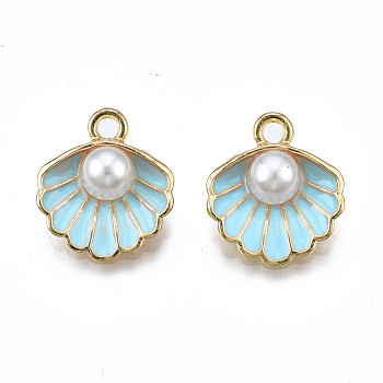 Alloy Pendants, with ABS Plastic Imitation Pearl & Enamel, Shell with Pearl, Light Gold, Sky Blue, 16x15x7mm, Hole: 1.5mm