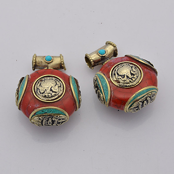 Handmade Tibetan Style Flat Round  Pendants, Brass Findings and Synthetic Coral, Antique Silver, 37x28x18mm, Hole: 5mm