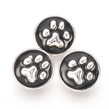 Alloy Enamel Snap Buttons, Jewelry Buttons, Flat Round with Dog Paw Prints, Platinum, Black, 12.5x6mm, Knob: 4.5mm