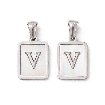 304 Stainless Steel Pave Shell Pendants, Rectangle Charm, Stainless Steel Color, Letter V, 17.5x12x1.5mm, Hole: 3x5mm