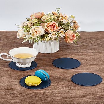 4Pcs Imitation Leather Cup Mats, Flat Round, Marine Blue, 10x0.3cm