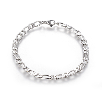 304 Stainless Steel Figaro Chain Bracelets, with Lobster Claw Clasps, Stainless Steel Color, 8 inch(20.4cm), 5mm