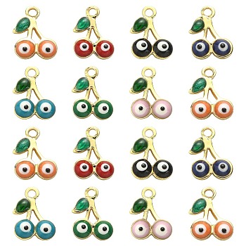 50Pcs Rack Plating Brass Enamel Pendants, Long-Lasting Plated, Cadmium Free & Nickel Free, Cherry with Evil Eye, Mixed Color, 11x7x2mm, Hole: 1.2mm