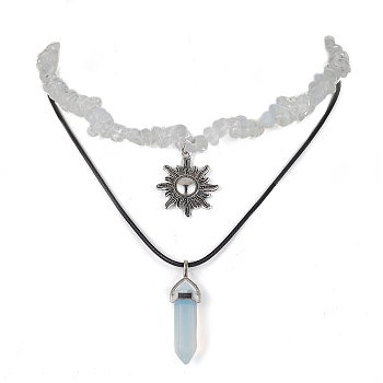 2Pcs 2 Style Opalite Bullet & Alloy Sun Pendant Necklaces Set, with Chips Beaded Chains, 12.80~17.72 inch(32.5~45cm), 1Pc/style
