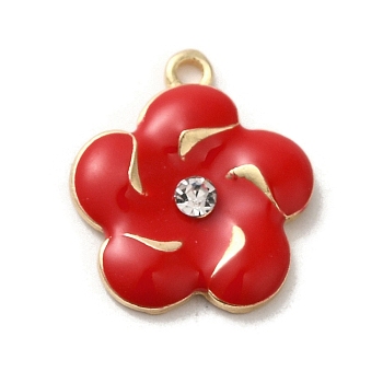 Flower Alloy Enamel Pendants, with Rhinestone, Light Gold, Red, 18x15.5x3mm, Hole: 1.5mm