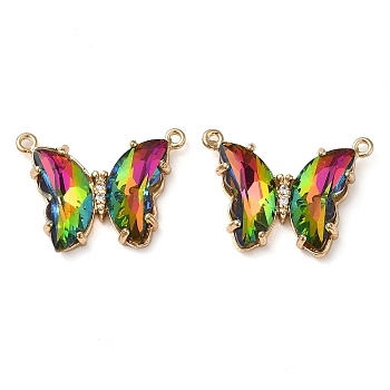 Brass Pave Faceted Glass Connector Charms, Golden Tone Butterfly Links, Colorful, 17.5x23x5mm, Hole: 0.9mm