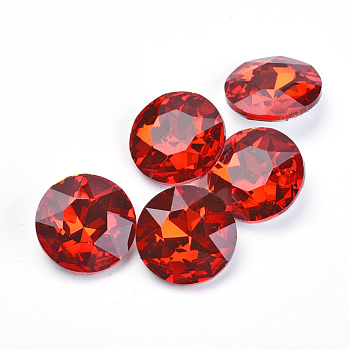 Pointed Back Glass Rhinestone Cabochons, Back Plated, Faceted, Flat Round, Red, 14x5.8mm