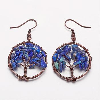 Dangle Earrings, with Natural Lapis Lazuli Beads and Brass Hooks, Ring with Tree of Life, 50mm, Pin: 0.6mm