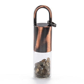 Glass Roller Bottle, with Natural Labradorite Roller Balls and Chips, Essential Oil Perfume Bottles, Red Copper Brass Bottle Cap, 62.5x16mm, Hole: 10x14mm, Jump Ring: 8x1mm