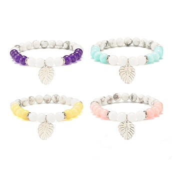 Natural Malaysia Jade(Dyed) & Howlite Round Beads Stretch Bracelet with Leaf Charm for Women, Mixed Color, Inner Diameter: 2-1/8 inch(5.5cm)