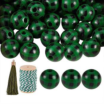 50Pcs Natural Wooden Beads with Tartan Pattern, 10Pcs Polyester Tassel Big Pendant Decorations, 1 Roll Cotton String Threads, for DIY Jewelry Finding Kits, Green, 16mm, Hole: 4mm, 50pcs/bag