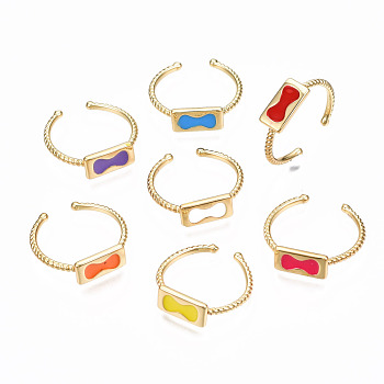 Brass Enamel Cuff Rings, Open Rings, Nickel Free, Rectangle with Bowknot, Real 16K Gold Plated, Mixed Color, US Size 8 1/2(18.5mm)