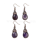 Natural Amethyst Teardrop Dangle Earrings, Red Copper Plated Brass Earrings for Women, 48x15mm(EJEW-B055-01R-21)