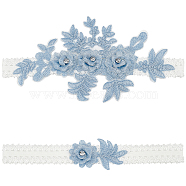 3D Flower Embroidery Polyester Lace Elastic Bridal Garters, with Acrylic Rhinestone, Wedding Garment Accessories, Light Steel Blue, 195~202x35~105mm, 2pcs/set(AJEW-WH0470-02A)