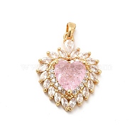 Brass Micro Pave Clear Cubic Zirconia Pendants, with Glass, Flower, Real 18K Gold Plated, Pink, 26x21x6.5mm, Hole: 4x2.5mm(KK-I695-014A)