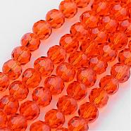 Transparent Glass Bead Strands, Imitate Austrian Crystal, Faceted(32 Facets), Round, Orange Red, 4mm, Hole: 1mm, about 96~100pcs/strand, 14~14.5 inch(GLAA-G013-4mm-70)
