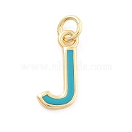 Rack Plating Brass Pendants, with Enamel and Jump Ring, Cadmium Free & Lead Free, Long-Lasting Plated, Real 18K Gold Plated, Letter, Letter J, 11.5x5.5x1mm, Hole: 2.5mm(KK-C065-03J-G)