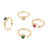 Brass Micro Pave Cubic Zirconia Cuff Rings, Open Solitaire Rings, Long-Lasting Plated, Real 18K Gold Plated, Heart, Mixed Color, 2mm, Inner Diameter: 17mm(RJEW-M138-13G)