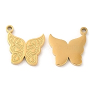 Ion Plating(IP) 316L Surgical Stainless Steel Pendants, Textured, Butterfly Charms, Real 18K Gold Plated, 16x15x2mm, Hole: 1.6mm(STAS-F297-12G)